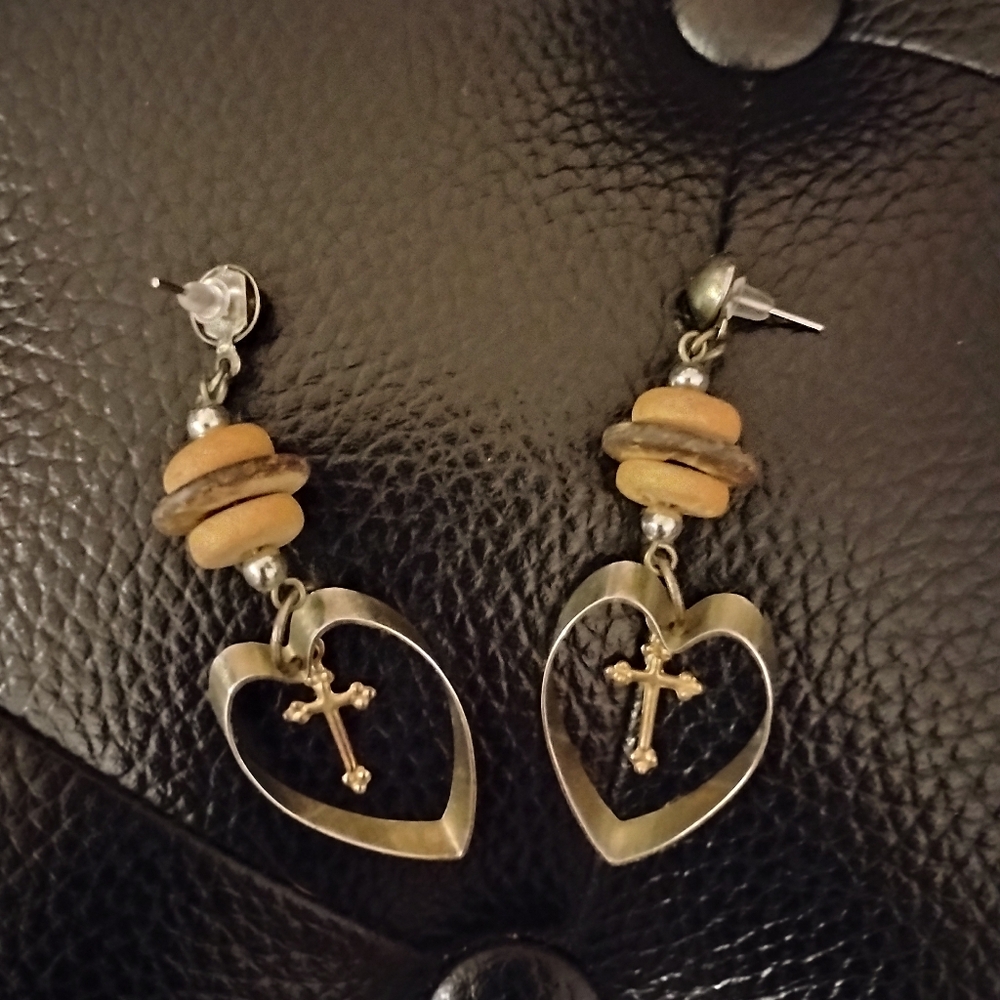 Heart and Cross Silver Stud Dangle Earrings Vintage